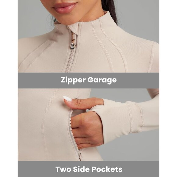 Brand New Women Almond Polyamide Zip Up BBL Fit Workout Yoga Jacket Long Sleeve - Picture 4 of 8
